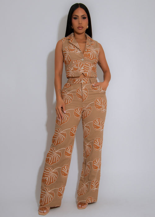 Tropical Stitch Pant Set Brown