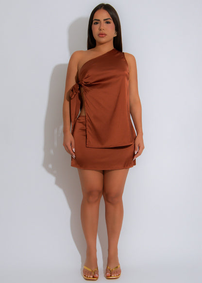 Lust & Layers Satin Ruched Skirt Set Brown
