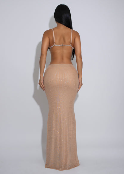 Luxe Halo Rhinestone Skirt Set Nude