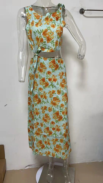 Digital Floral Print Fresh Vestidos Sweet Tie-Neck Sleeveless Estampado Floral Dress