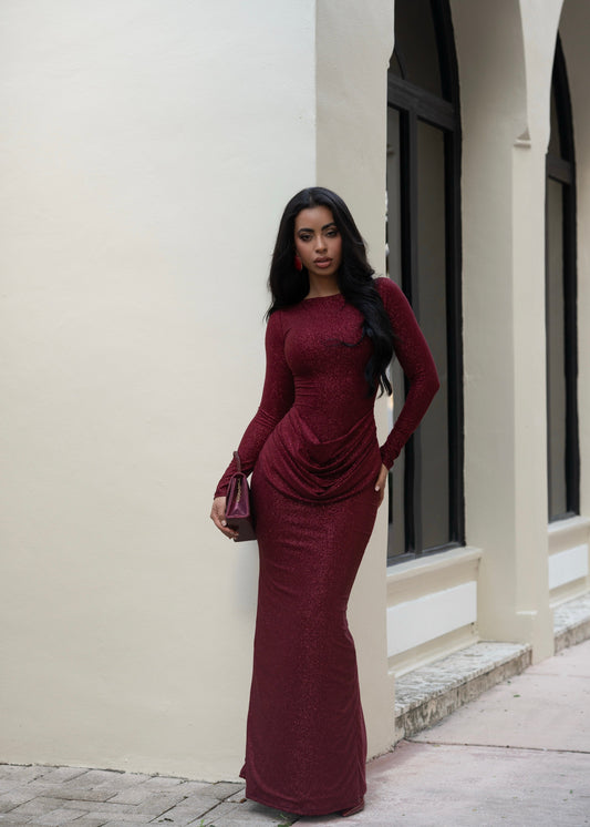 Fatebound Grace Ruched Glitter Maxi Dress Red