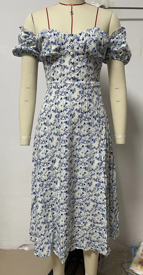 Internet Small Floral Print Waist-Tight Mid-Length Dress