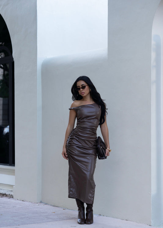 Oblique Line Faux Leather Ruched Midi Dress Brown