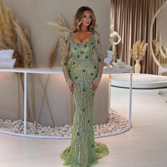 Green Mermaid Square Neckline Tulle Party Dress