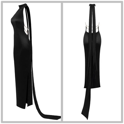 High Neck Satin Bareback Sleeveless Long Dress