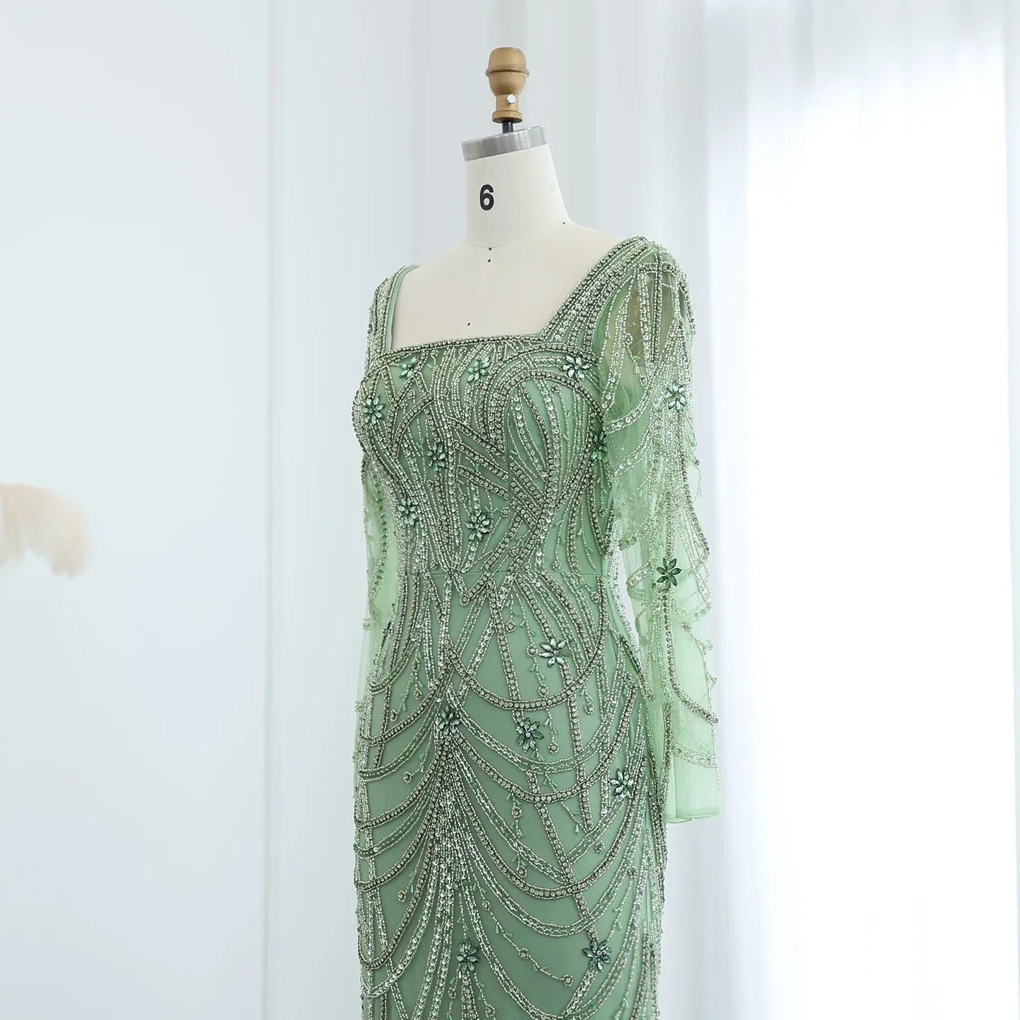 Green Mermaid Square Neckline Tulle Party Dress