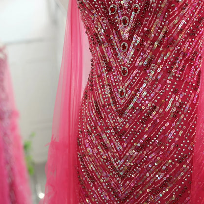 Crystal Fuchsia Mermaid Evening Dresses with Cape Sleeves