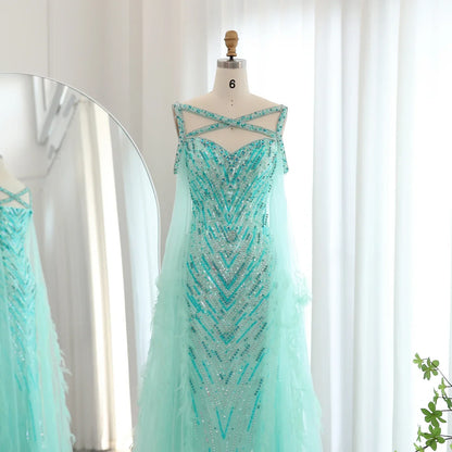 Crystal Fuchsia Mermaid Evening Dresses with Cape Sleeves