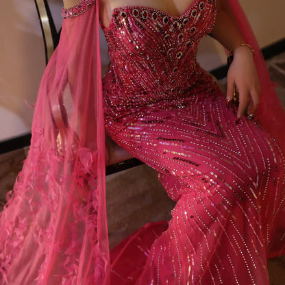 Crystal Fuchsia Mermaid Evening Dresses with Cape Sleeves