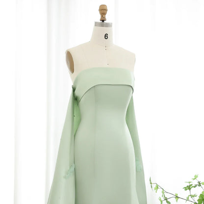 Crystal 3D flower Sage Green Satin Dress with Cape