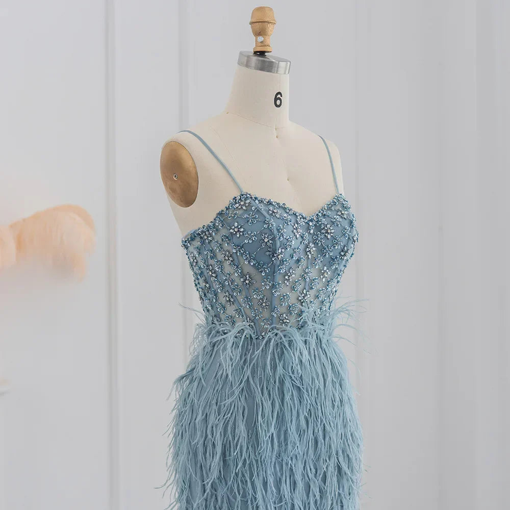 Feathers Spaghetti Straps Side Slit Prom Dress