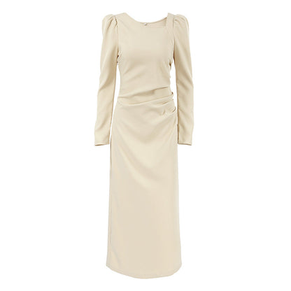 Casual Elegant Irregular Asymmetric Collar Puff Sleeve Tight Split Dress Khaki Maxi Dress