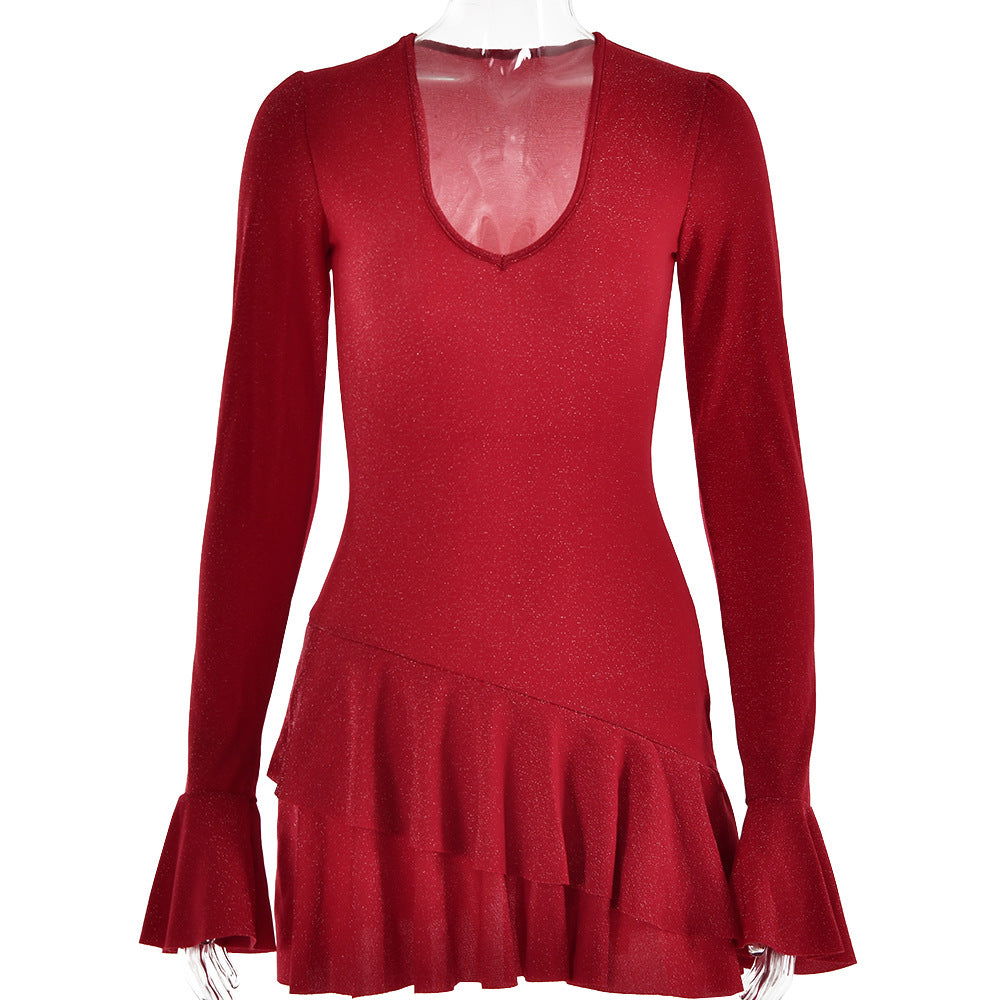 Deep V Plunge neck Flared Sleeves Tight Sheath Dress