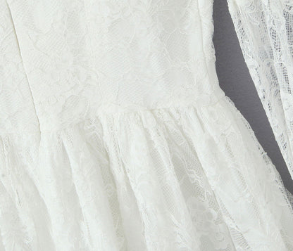Lace Stitching Elegant Lady Lotus Rhizome Node Solid Color Dress Short Dress