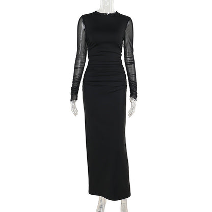 Long dress Socialite Elegant Slim Fit Mesh Sleeves Solid Color