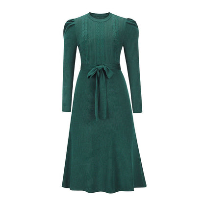 Bubble Long Sleeve Knitted Dress Mid-Length Elegant Slimming High Waist Big Swing Dress Base Sweater Dress