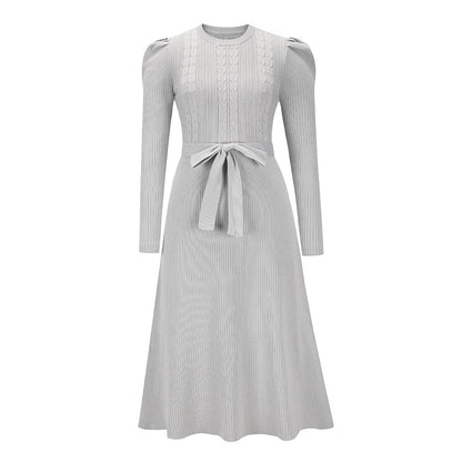 Bubble Long Sleeve Knitted Dress Mid-Length Elegant Slimming High Waist Big Swing Dress Base Sweater Dress