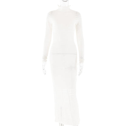 Dress Knitted Long Sleeved Slim Striped See through Dress