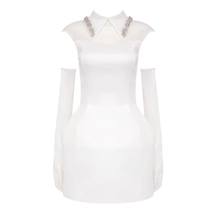 Elegant Pure White Satin Mesh Dress Slim Gloves Petti