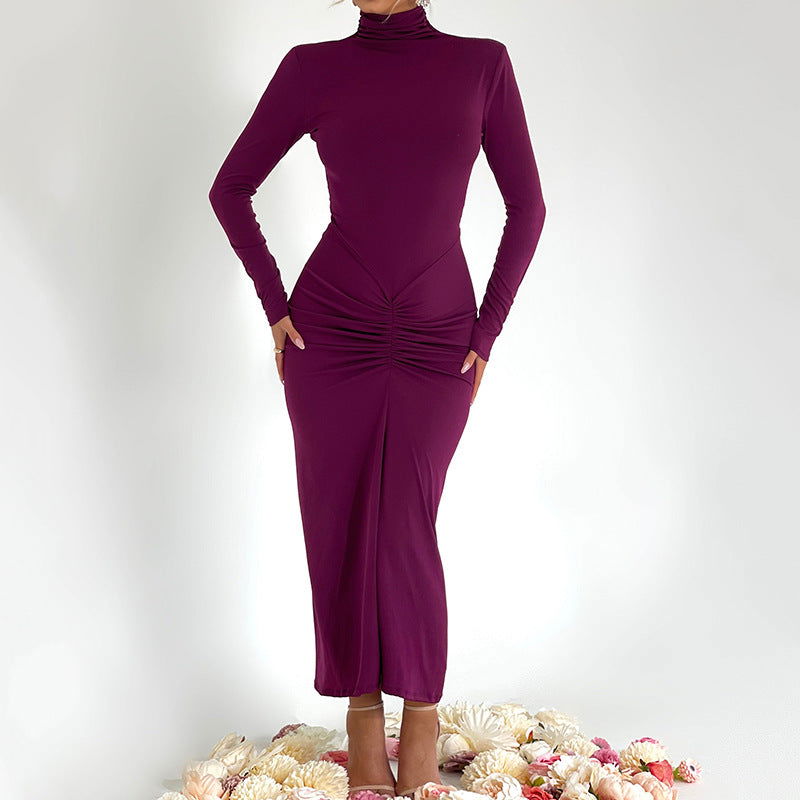 Half High Collar Long Sleeves Dress Elegant Bodycon Maxi Dress for