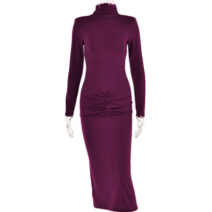 Half High Collar Long Sleeves Dress Elegant Bodycon Maxi Dress for