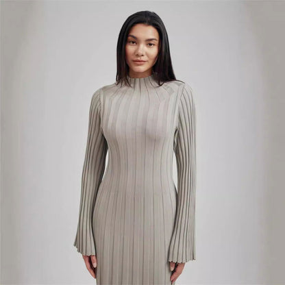 Knitted Dress Casual Waist Tight round Neck Large Pit High Collar Slimming Knitted Maxi Dress for