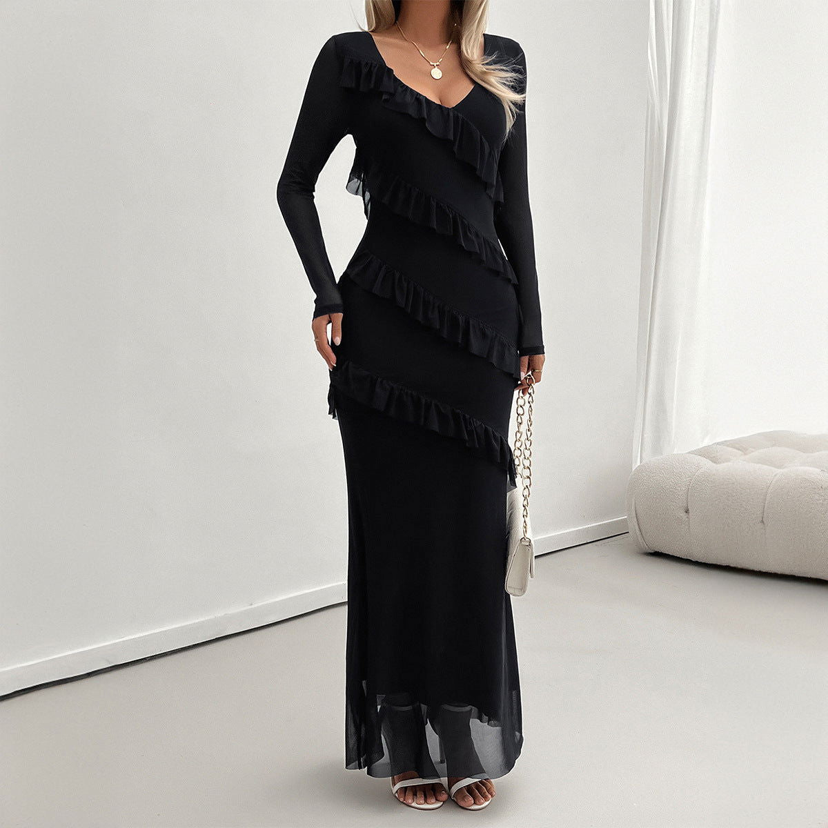 Long-Sleeved Elegant Slim Fit Mesh V neck Dress