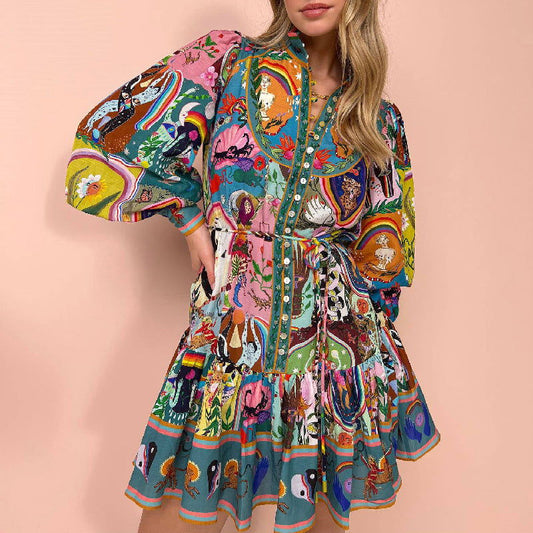 Long Sleeve Printed Lace up Cotton Linen Pleated Dress for Amplified craft