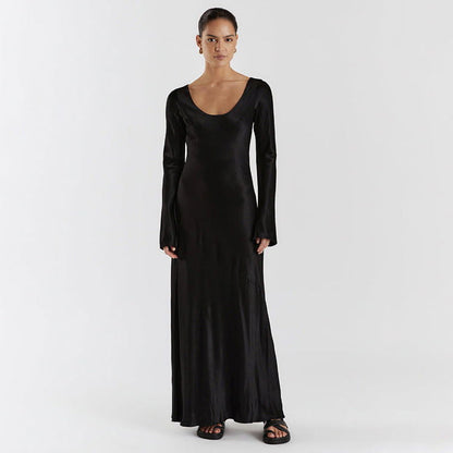 Maxi Solid Color Satin Round Neck Long Sleeve Loose Casual Dress