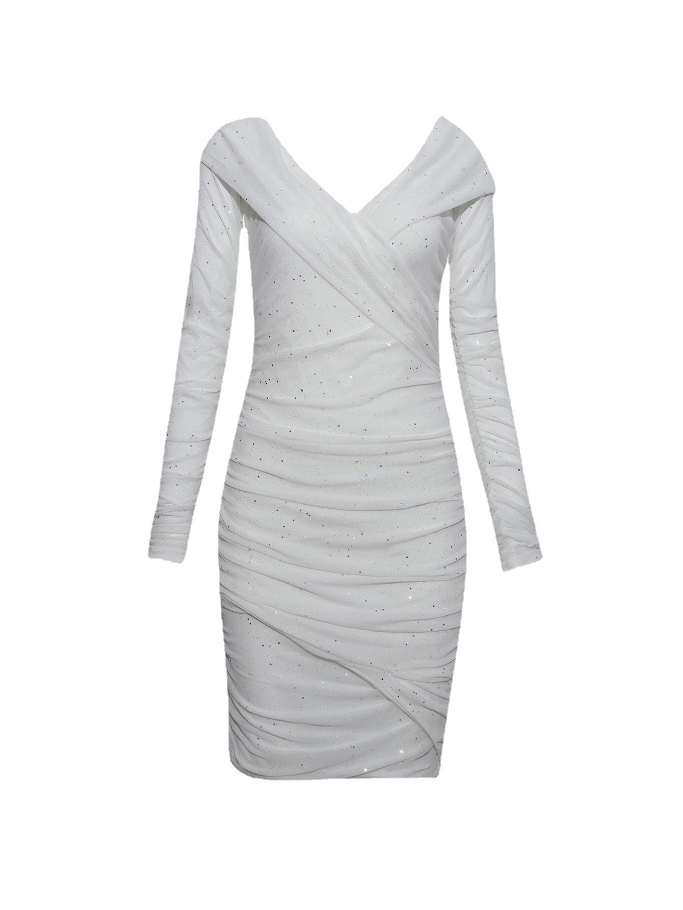 Deep V Plunge Evening Dress Dusting Powder off Shoulder Sheath Long Sleeve Dress