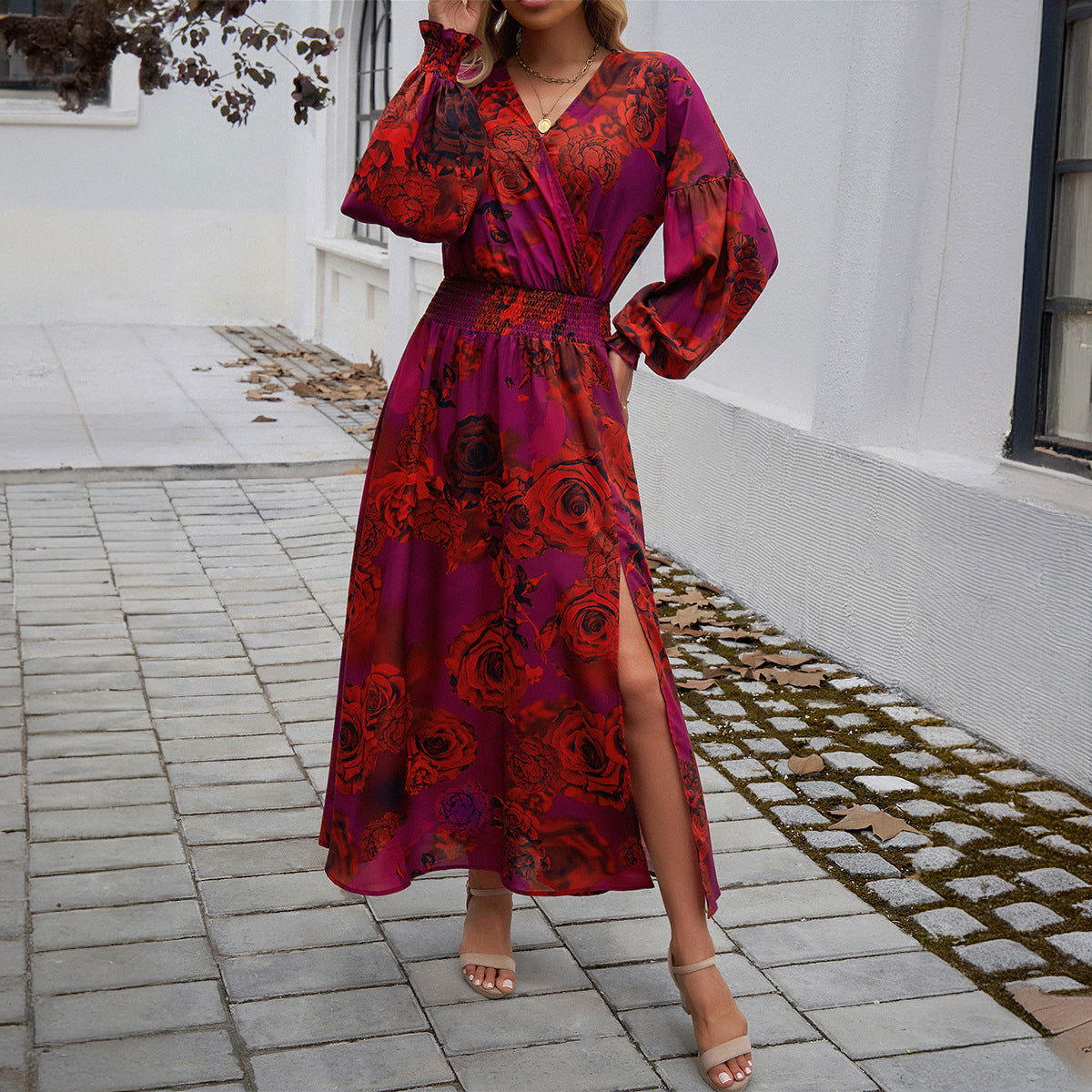 Elegant V Neck High Waist Print Dress