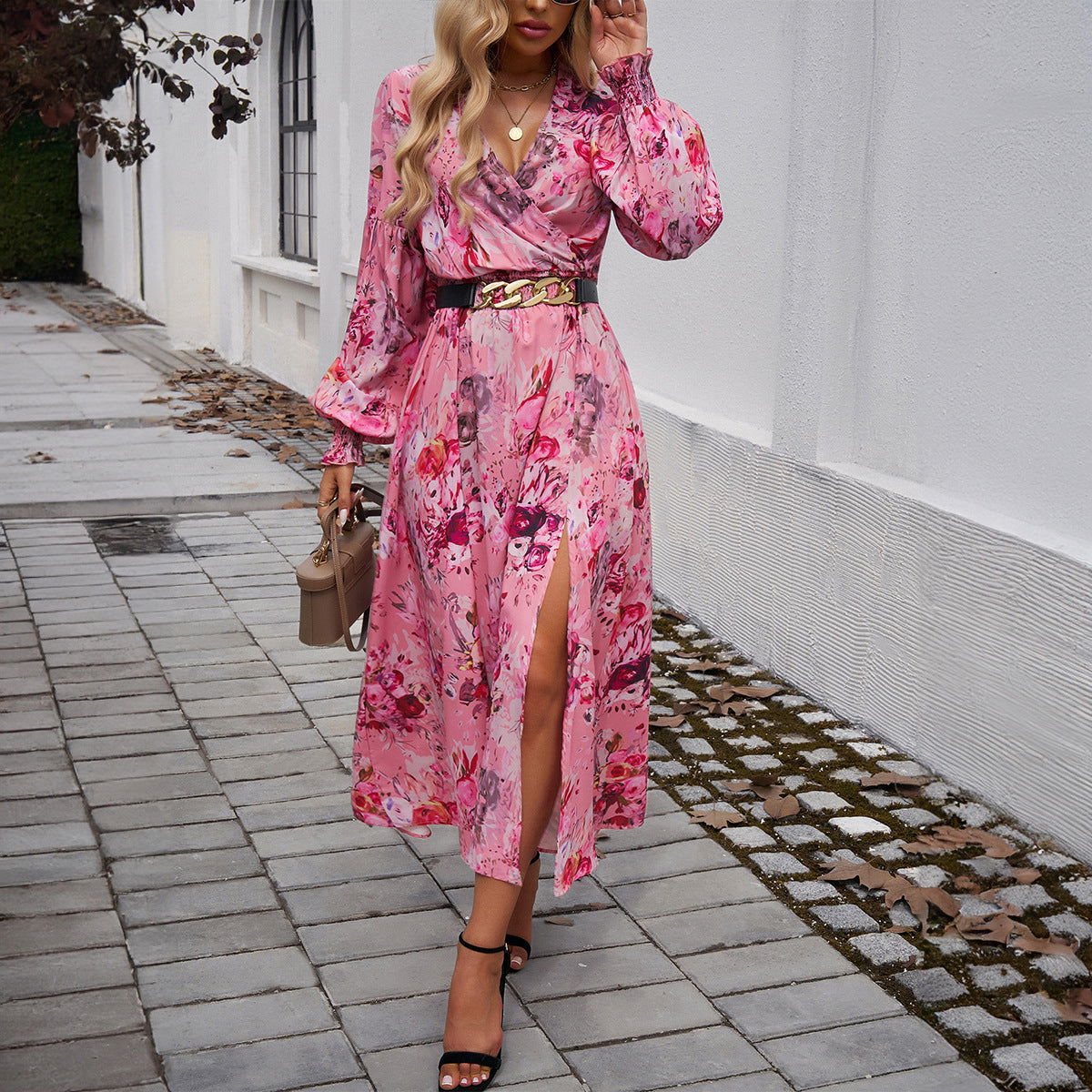 Elegant V Neck High Waist Print Dress