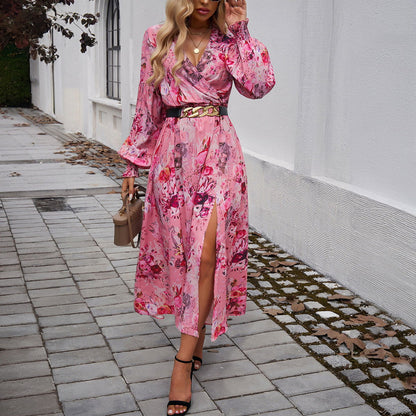 Elegant V Neck High Waist Print Dress