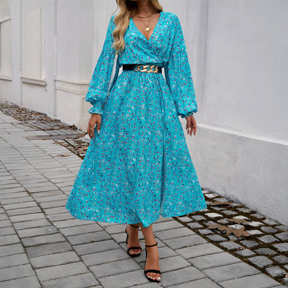 Elegant V Neck High Waist Print Dress