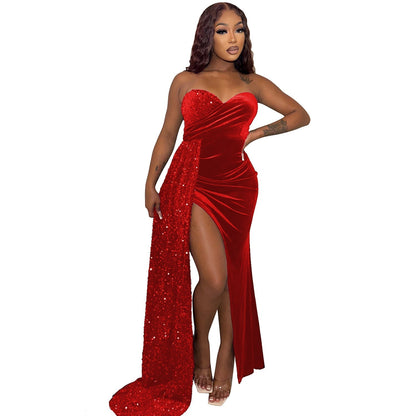 Nightclub Party Sequin Swing Stitching Chest Wrapped Dress