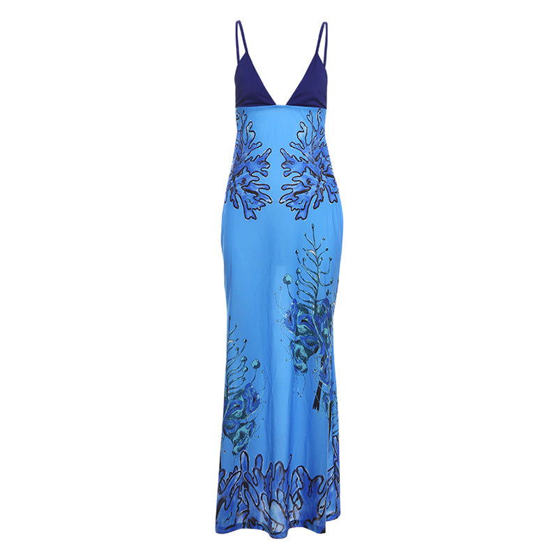 Contrast Color Printed V neck Backless Spaghetti Straps Dress