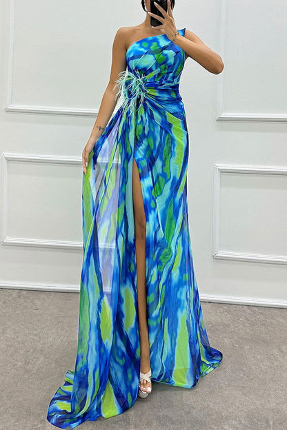 Chiffon Floral Print Slit Dress Casual Party Long Dress