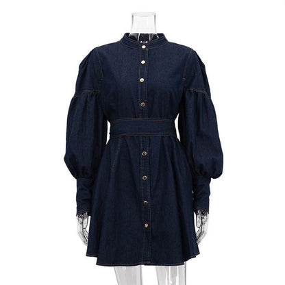 Denim Shirt Dress Niche Design Lantern Sleeve Lace up GracefulDress