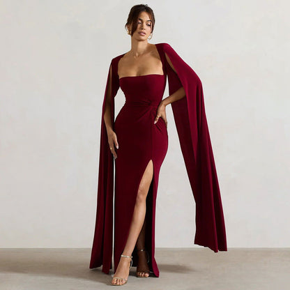 Dress Square Collar Mop Long Sleeve High Slit Solid Color Dress
