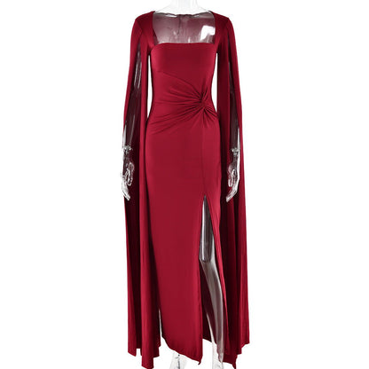 Dress Square Collar Mop Long Sleeve High Slit Solid Color Dress