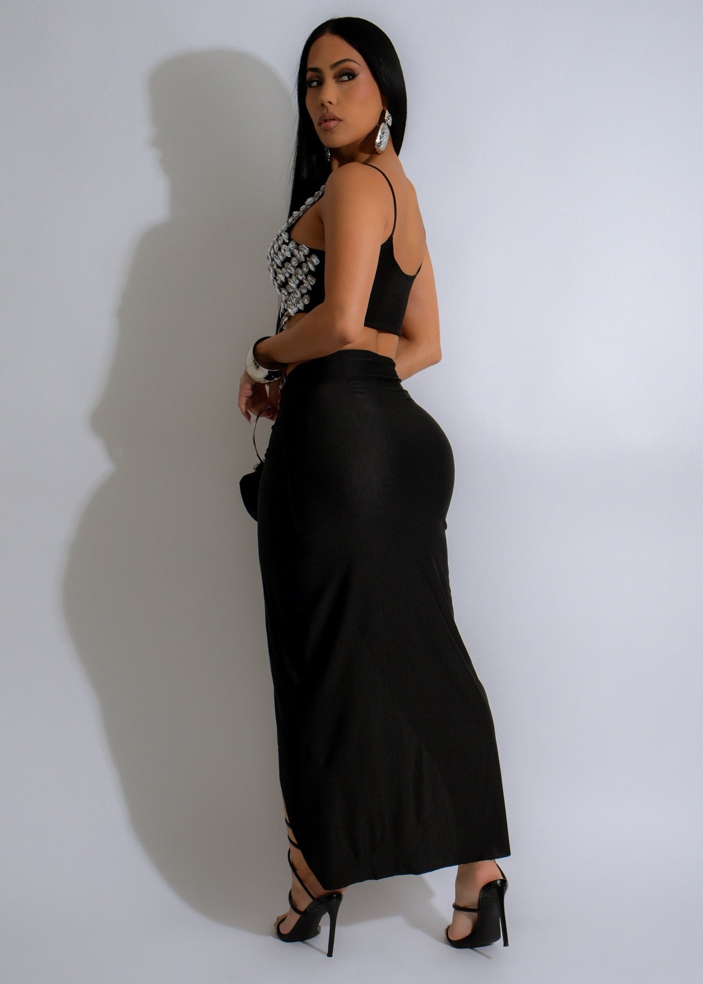 She's Shining Rhinestone  Skirt Set Black
