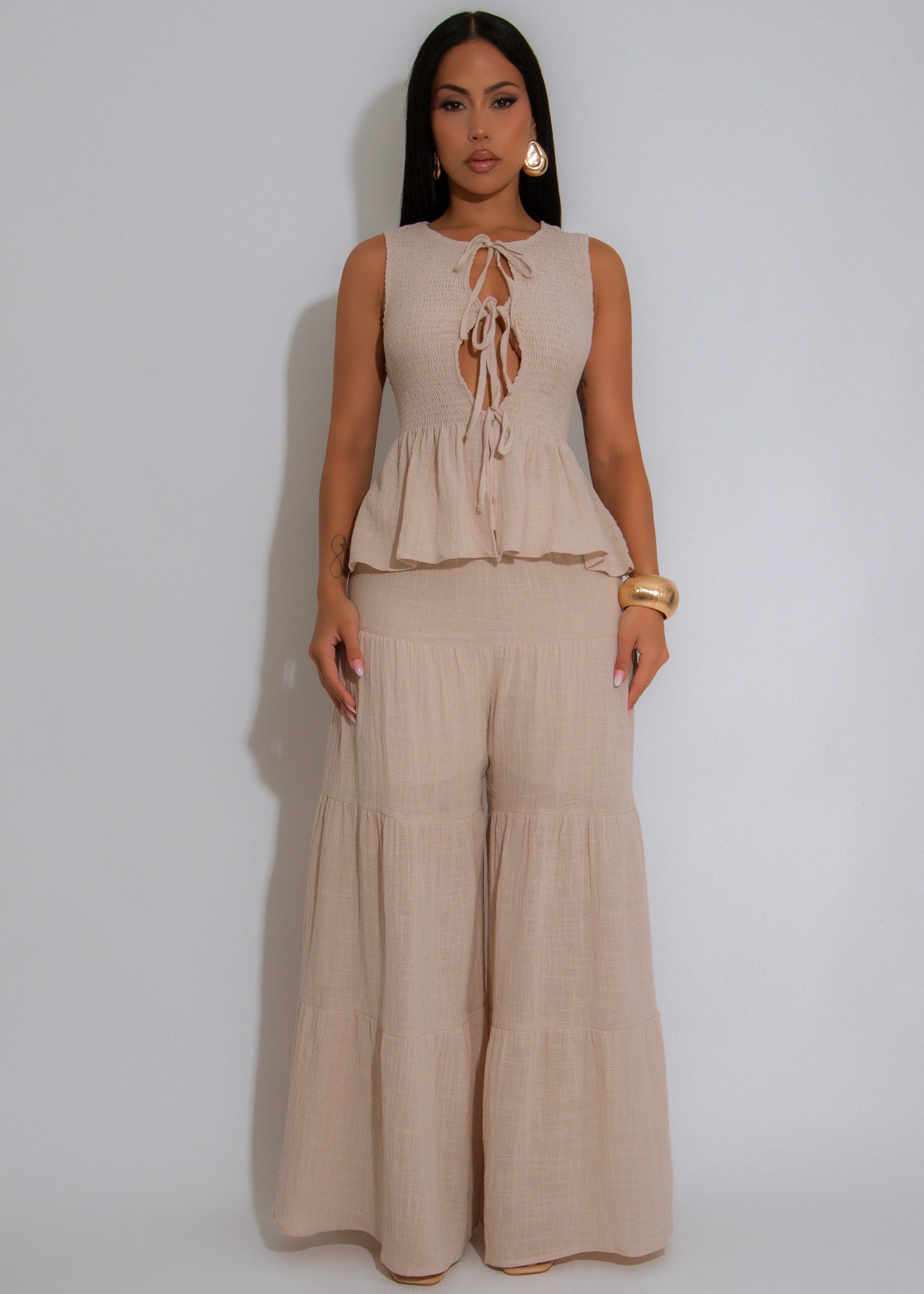 Breezy Haven Ruched Pant Set Nude