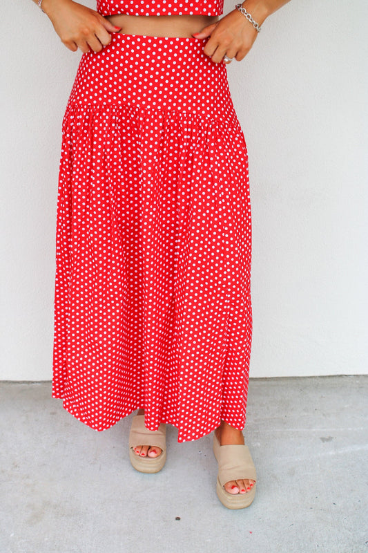 Jane Polka Dot Drop Waist Maxi Skirt