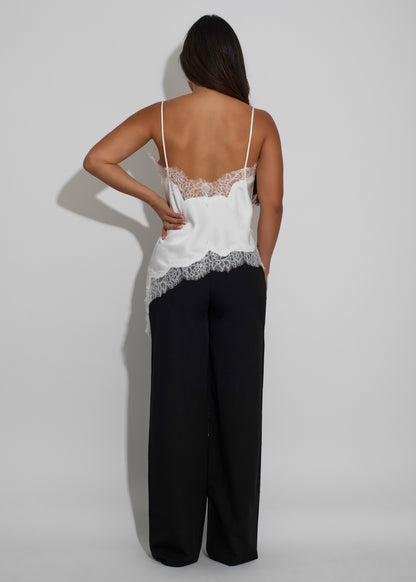 Whispered Elegance Satin Lace Long Top White
