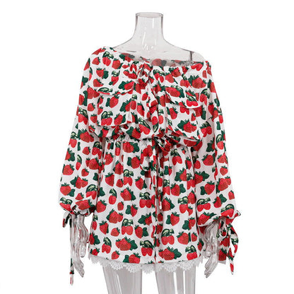 Early Strawberry Printed Dress Waist Trimming Shoulder Long Sleeve A line Dress