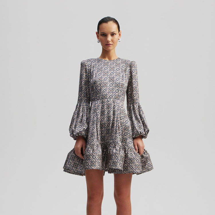 Early Retro Ethnic round Neck Slim Fit Printed Dress Tea Break French Long Sleeve Dress for