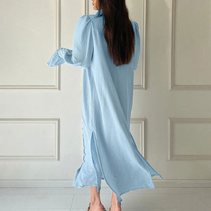 Early Solid Color Long Sleeve StCollar Design Shirt French Casual Slit Maxi Dress