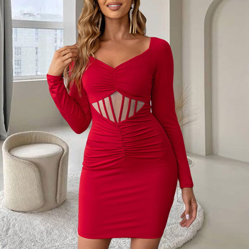 Elegant V neck Dress  Elastic Slim Fit Long Sleeve Red Vintage
