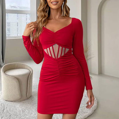 Elegant V neck Dress  Elastic Slim Fit Long Sleeve Red Vintage