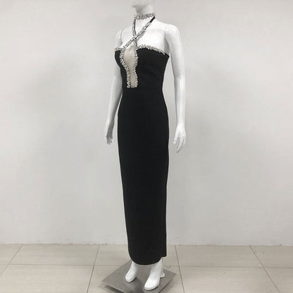 Exquisite Rhinestone Halter Slim Fit Bandage Split Dress Socialite Dinner Catwalk Dress